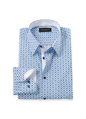 Non-Iron Cotton Geometric Dress Shirt With Contrast Trim - Blue-Classic Fit / 17.5 / 34