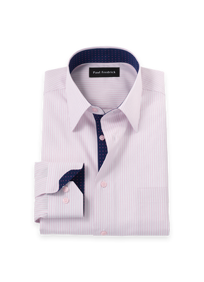 Non-Iron Cotton Stripe Dress Shirt With Contrast Trim - Pink/navy-Classic Fit / 17.5 / 34