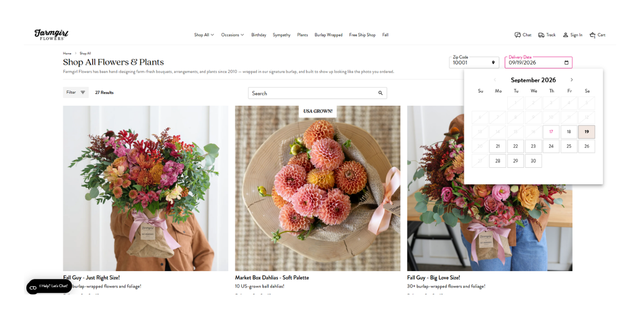 Farmgirl website showing availability calendar
