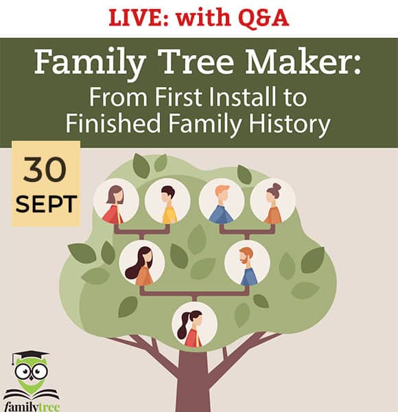 Promotional image for a Family Tree Maker live Q&A event on September 30, featuring a family tree graphic with people icons and the Family Tree Maker and familytree logos.
