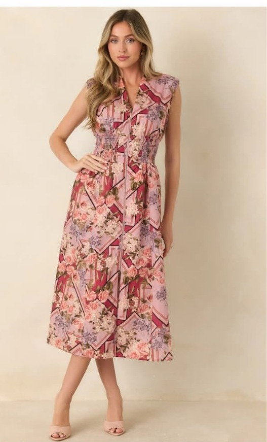 Woman wearing a Mauve Multi Floral Cotton Midi Dress.