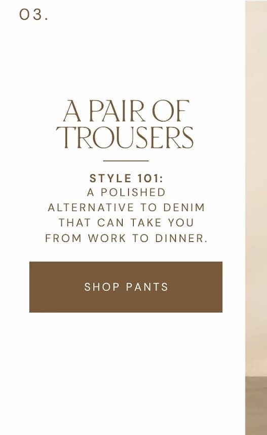 'A Pair of Trousers. A polished alternative to denim that can take you from work to dinner. Shop pants.'