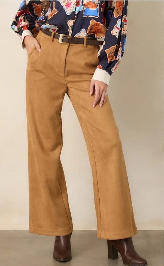 Woman wearing a Camel Faux Suede Wide Leg Pants.