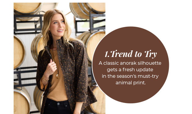 1. Trend to Try: Shop Shaved Chocolate Animal Print Stretch Twill Anorak Jacket