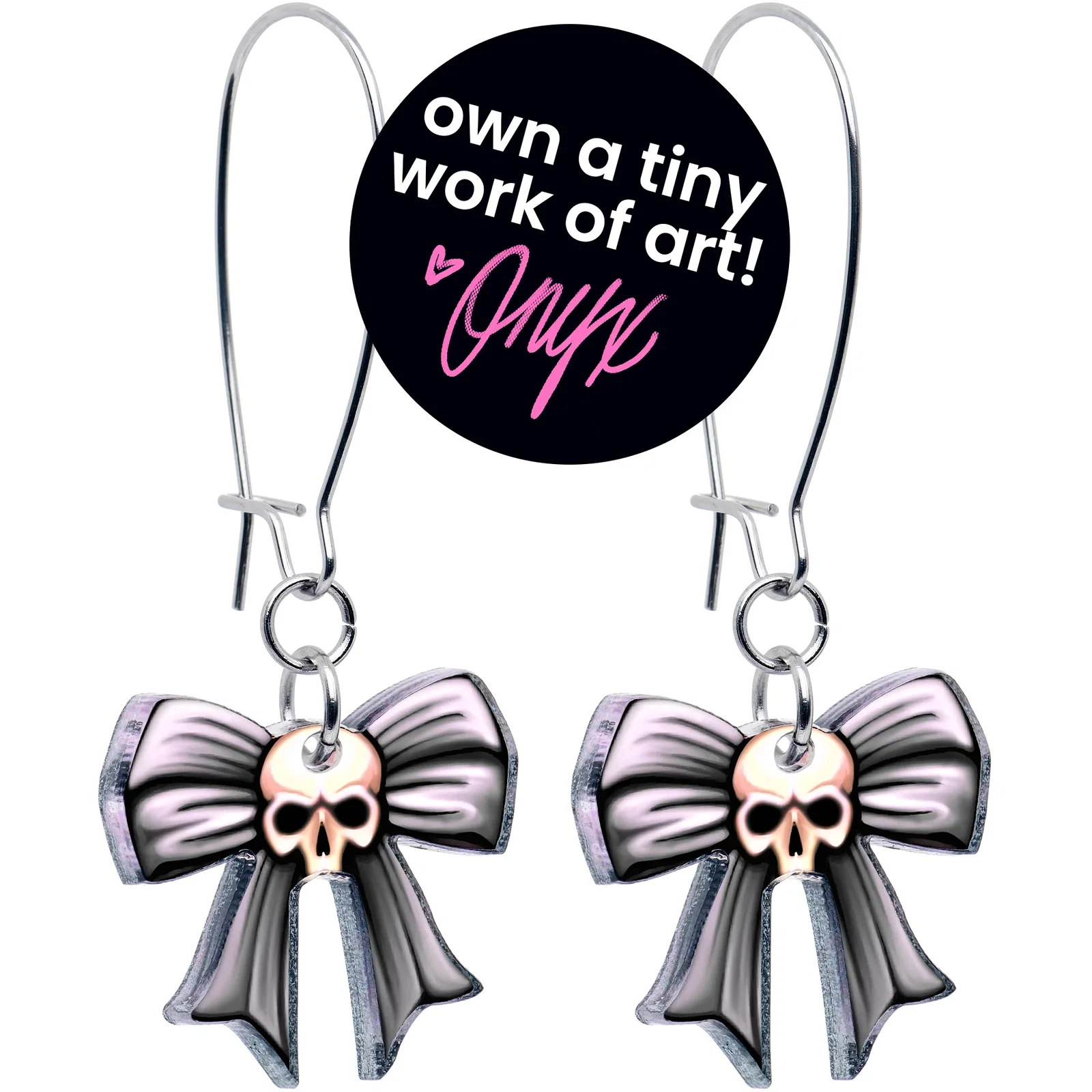 Image of Wicked Bow Skull Acrylic Dangle Earrings by Onyx O