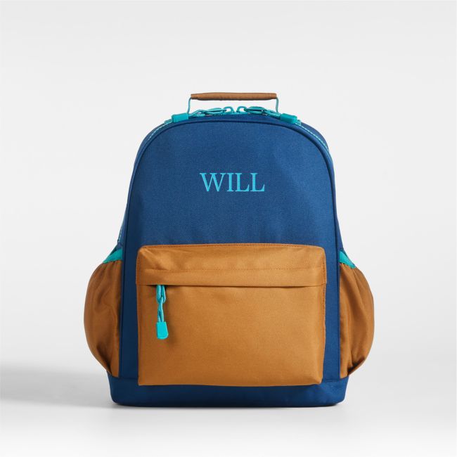Image of Navy and Ocher Colorblock Medium Kids Backpack with Side Pockets