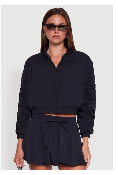 Shop Ruched Long Sleeve Zip Front Windbreaker Jacket