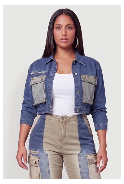 Shop Plus Size Color Blocked Utility Cropped Denim Jacket