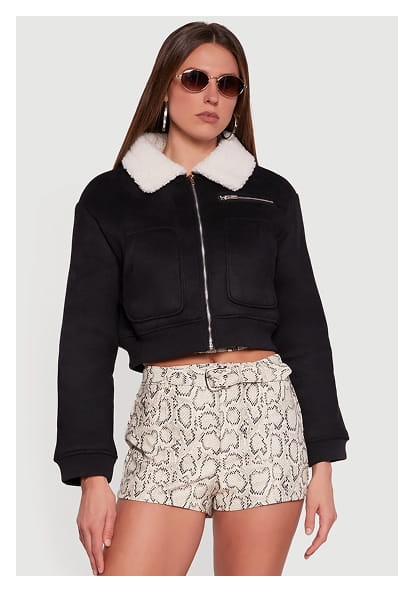 Shop Faux Suede Sherpa Lined Cropped Bomber Jacket