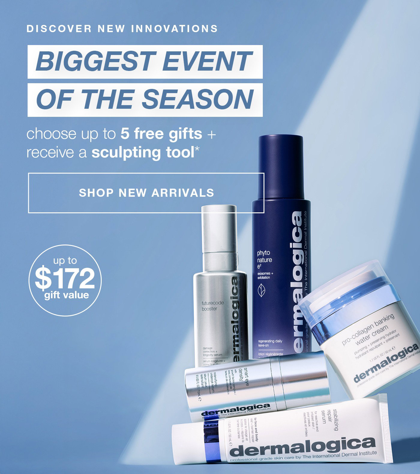 Hands hold Dermalogica minis and a sculpting tool, promoting a "Biggest Event of the Season" sale.