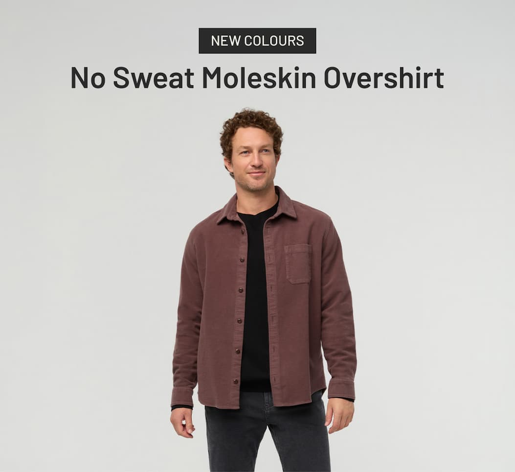 No Sweat Moleskin Overshirt in Desert Tan—an easy, versatile layer with built-in comfort.