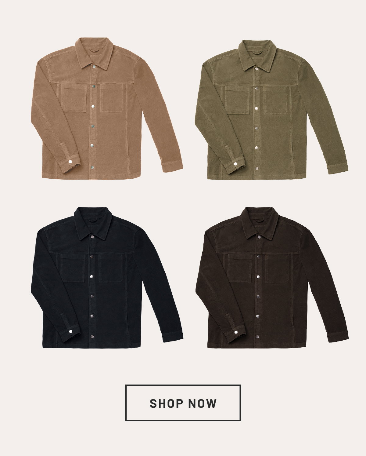 Shop the No Sweat Moleskin Jacket in Stout, Shadow, Kelp and Dark Walnut.