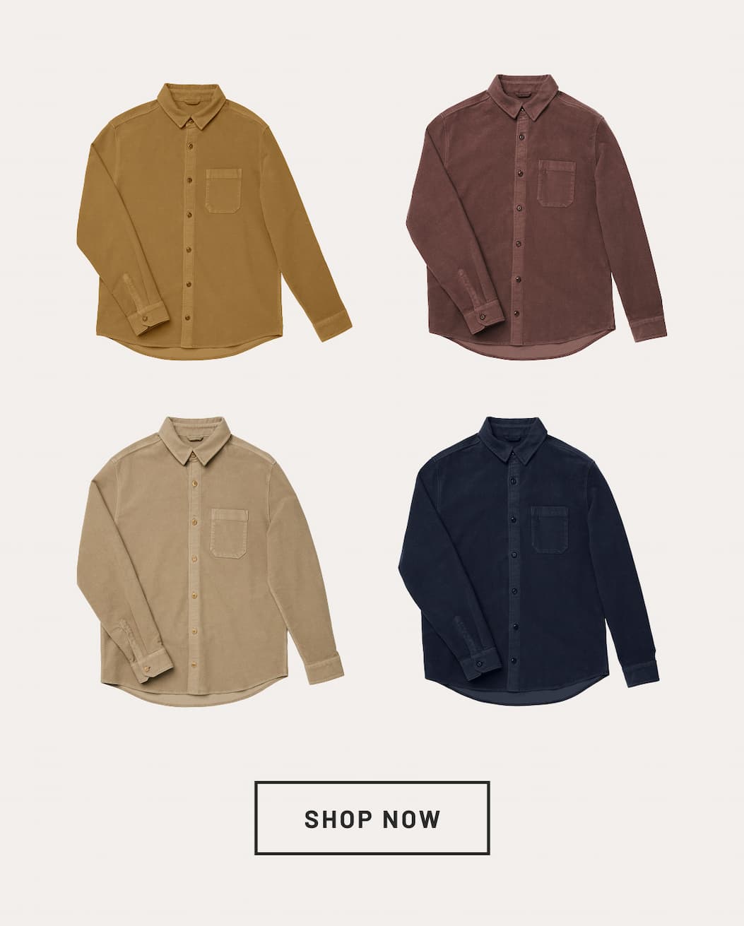 Shop the No Sweat Moleskin Overshirt in Desert Tan, Chestnut, Caramel and Navy.