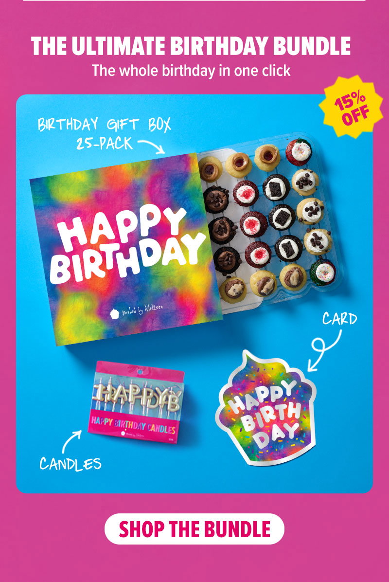 15% off the ultimate birthday bundle: The whole birthday in one click! A birthday gift box 25-Pack, card, and candles. Shop the bundle!
