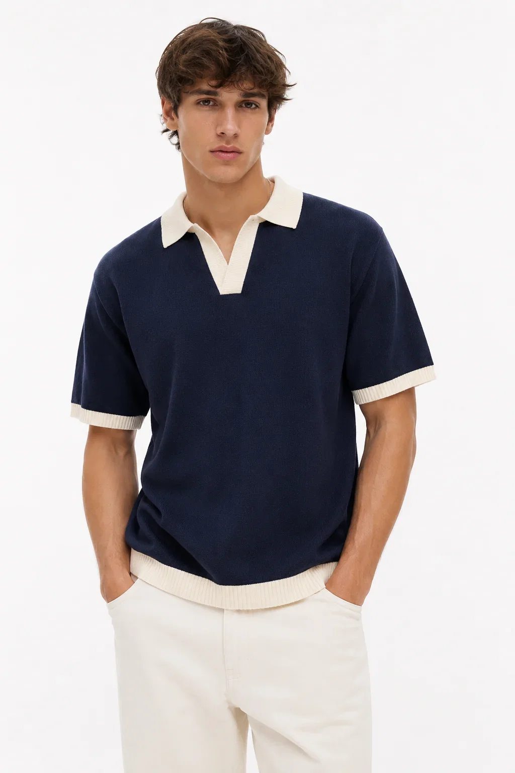 Image of Contrast Trim Notch Neck Polo Shirt