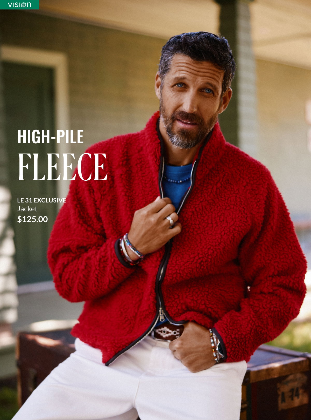 Man wearing a red fleece jacket priced at $125