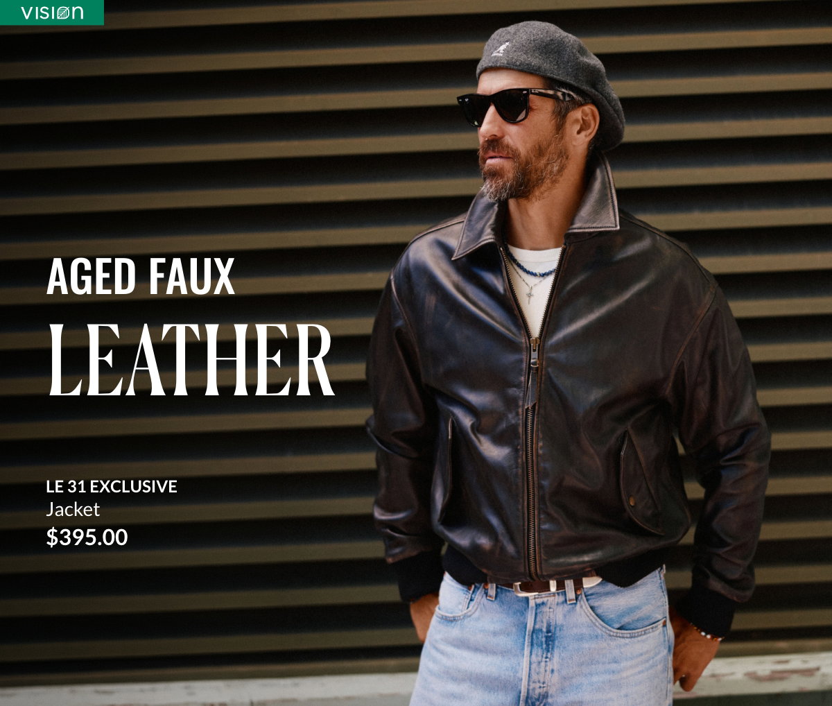 Man wearing a dark brown distressed leather jacket priced at $395