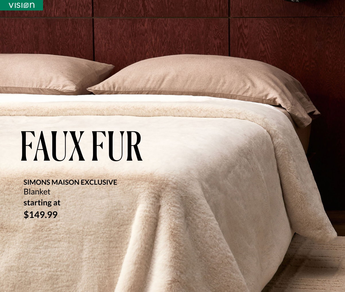 A bed with a cream faux fur cover starting at $149
