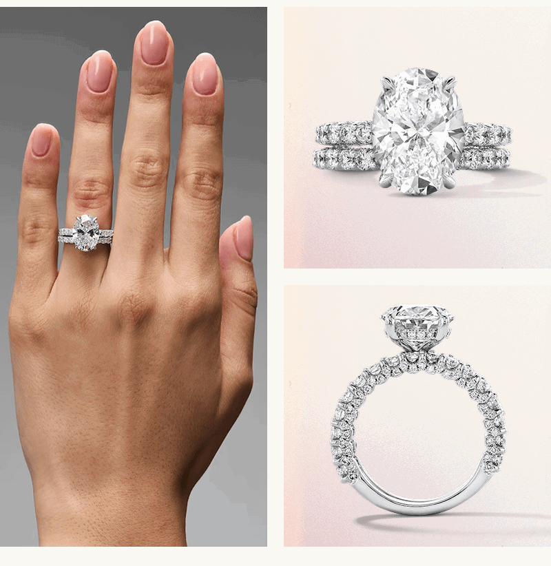 Oval-cut diamond ring paired with matching pavé wedding band, shown on model & close-up product shots.