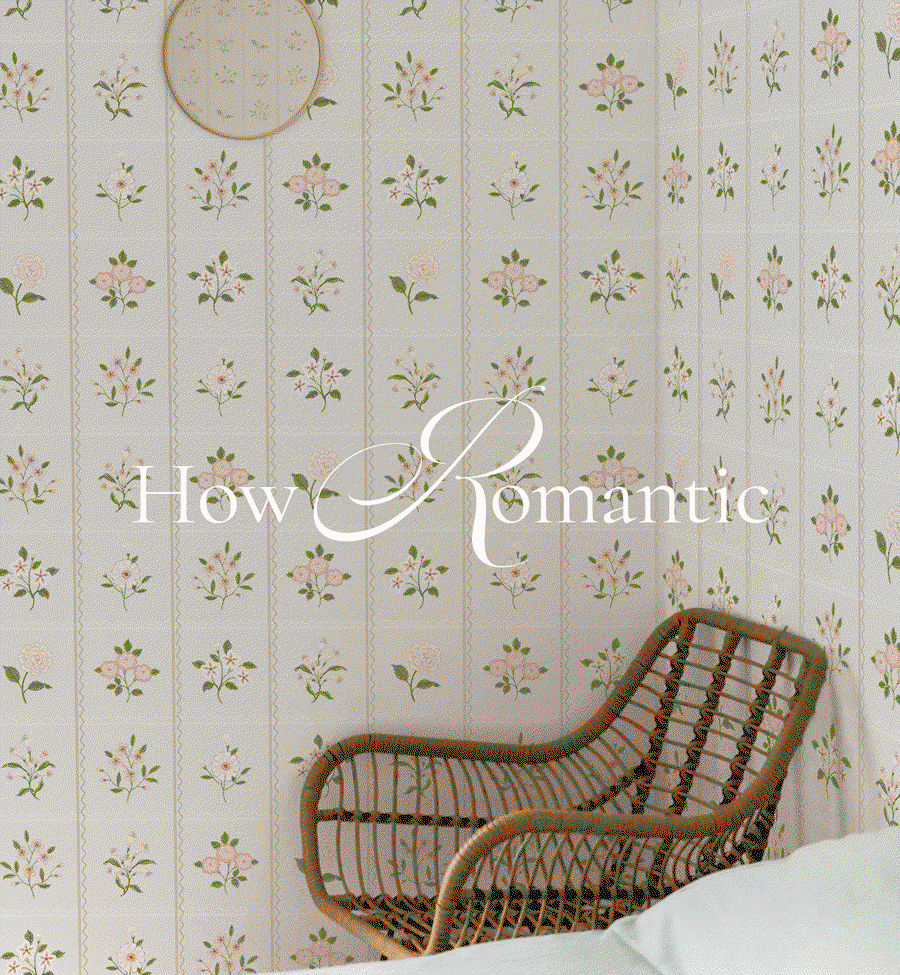 Gif image showing Tempaper's Cottage Floral and Sweet Bow Ties wallpapers. Text overlay "How Romantic"