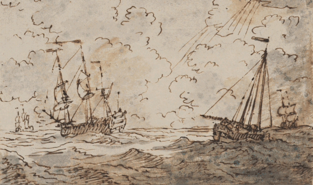 Ink drawing of three sailing ships on rough sea under cloudy sky, with rays of sunlight breaking through the clouds.