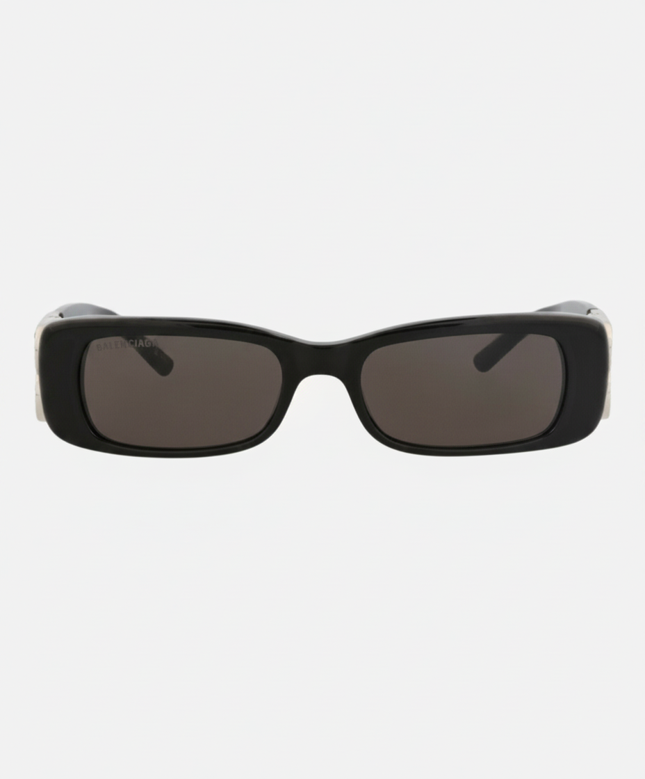 Black rectangular Balenciaga sunglasses with dark lenses.