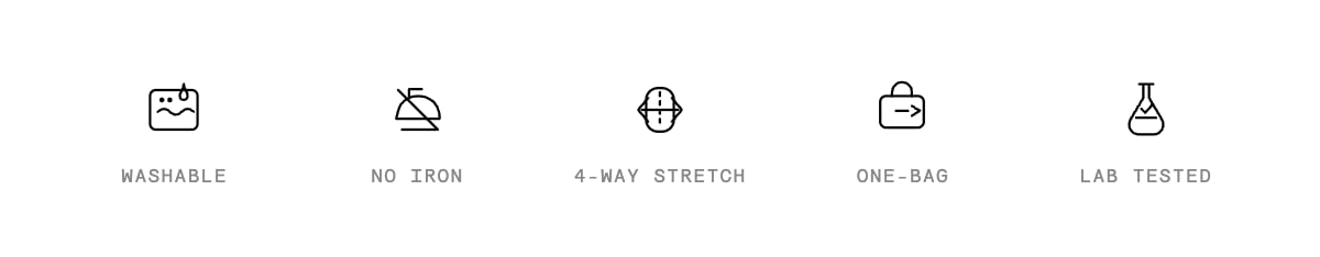 Key performance features: Machine Washable, No Iron, Stretch Woven, One-Bag Ready, Lab Tested