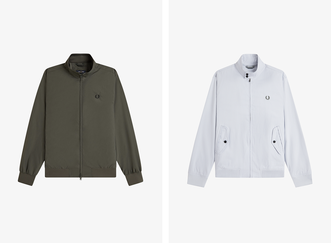 Flat shot images of the Fred Perry Brentham Jacket in Field Green and Harrington Jacket in Dusky Blue