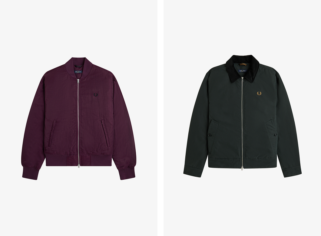 Flat shot images of the Fred Perry Quilted Tennis Bomber Jacket in Plum and Cotton Caban Jacket in Night Green