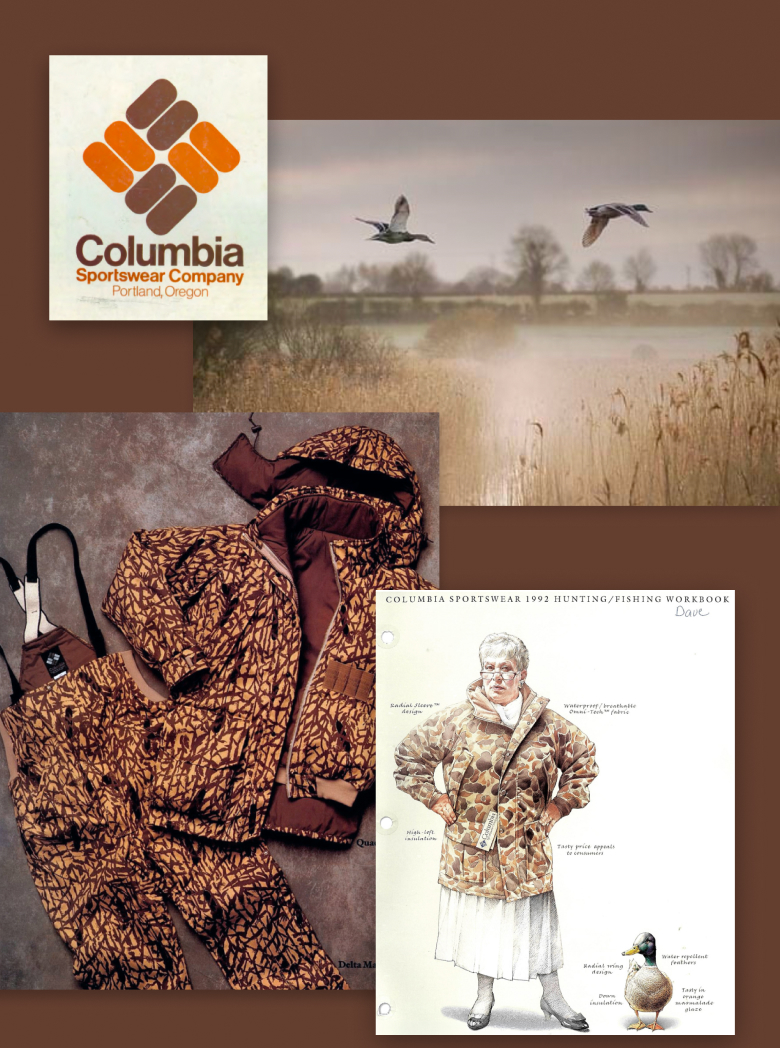 Collage with a picture of two geese flying over a pond, a flatlay of a camo set, and the Columbia Sportswear logo.