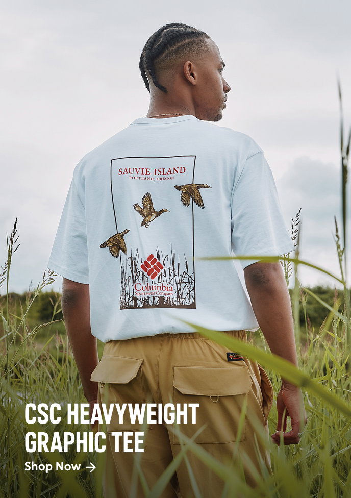 A man facing away, wearing a white short sleeve t-shirt with text: CSC HEAVYWEIGHT GRAPHIC TEE