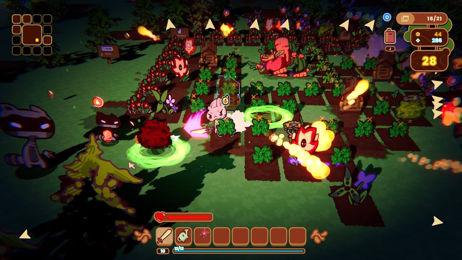 A screenshot of The Rabbit Haul nighttime fighting. Sprout the Rabbit looks determined while they fight off hordes of enemies trying to steal their food. 