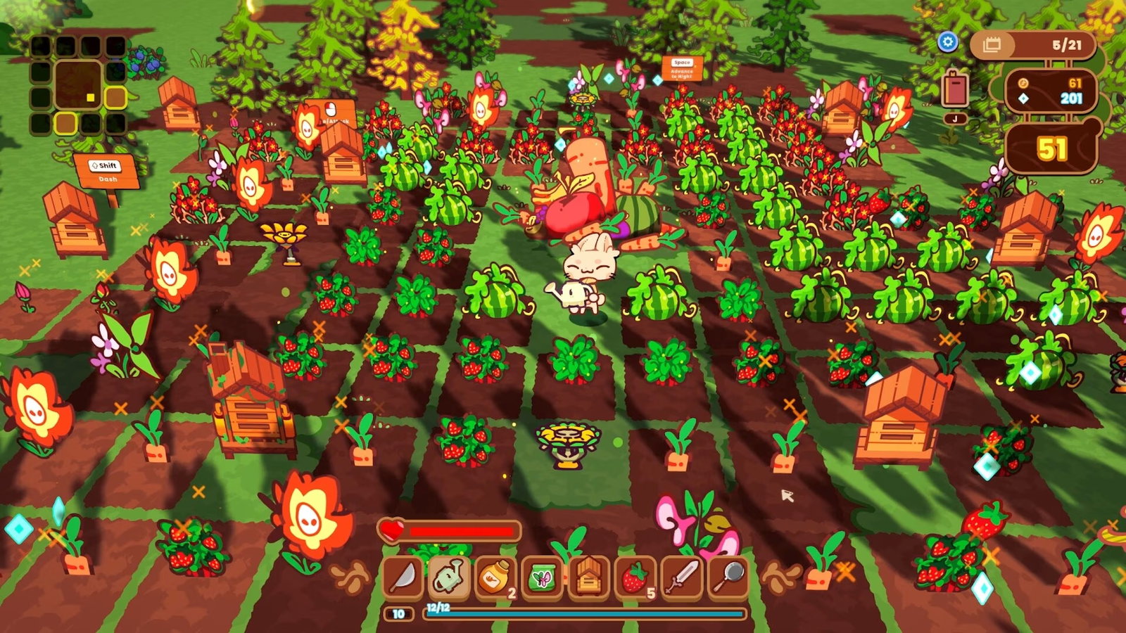 Screenshot of The Rabbit Haul's daytime gardening. Sprout looks content while they walk around with a watering can to grow their crops, including watermelons, strawberries, and more.