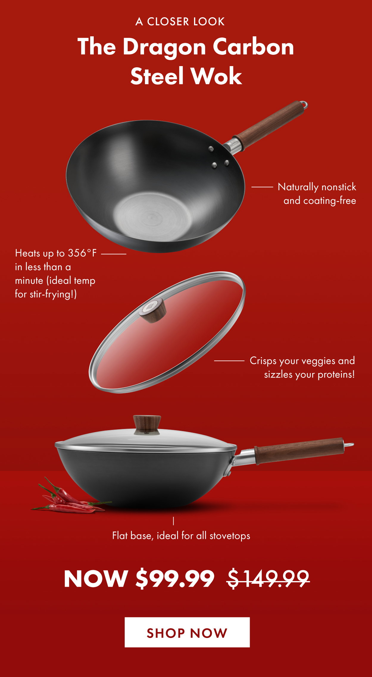 Why use carbon steel? Naturally nonstick and coating-free, heats up in less than a minute, flat base for all stovetops.