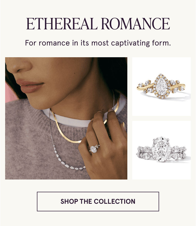 Model wearing an oval cut engagement ring next to close ups of similar rings. Ethereal romance. Click to shop the collection