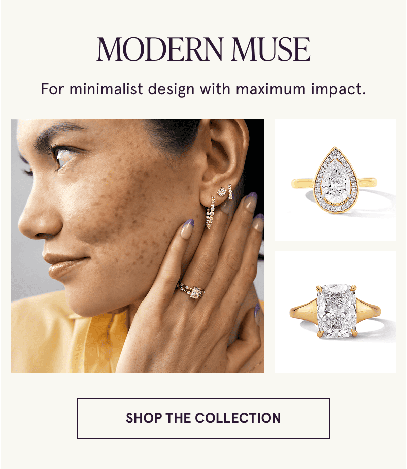 Model wearing radiant cut engagement ring next to close ups of similar rings. Modern Muse. Click to shop the collection