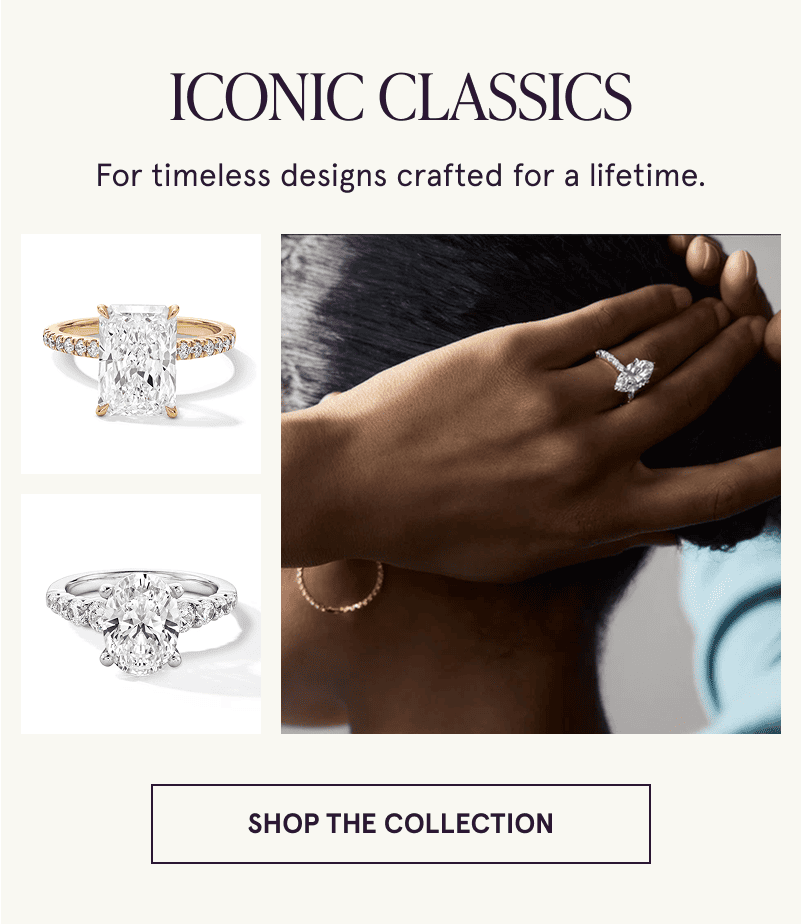 Model wearing marquise cut engagement ring next to close ups of similar rings. Iconic Classics. Click to shop the collection