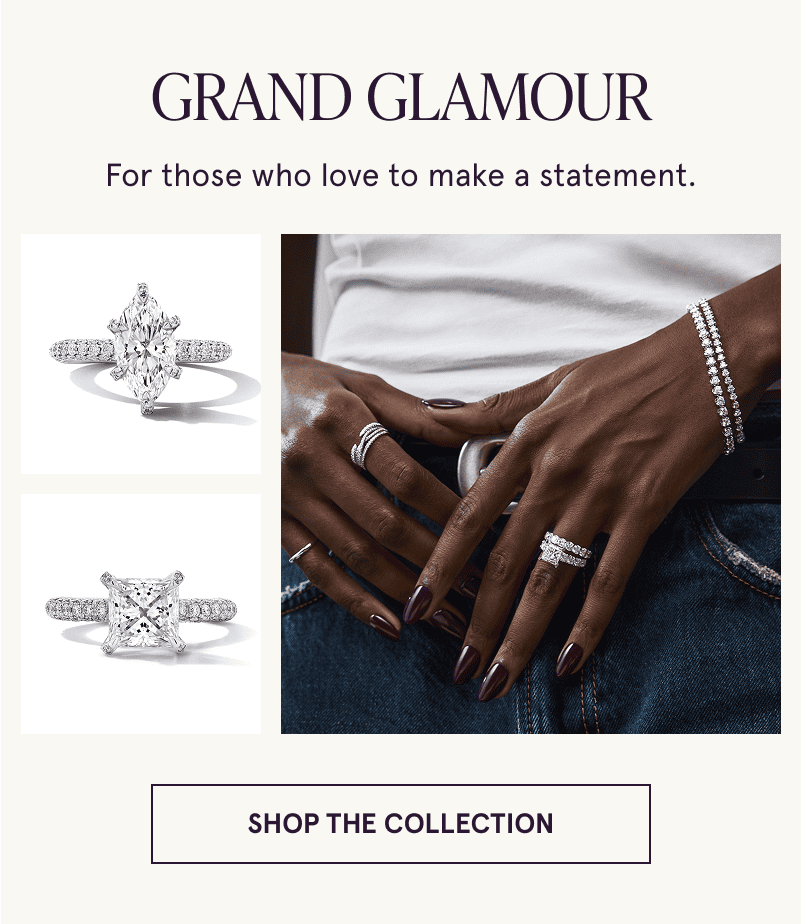 Model wearing princess cut bridal set next to close ups of more rings. Grand Glamour. Click to shop the collection