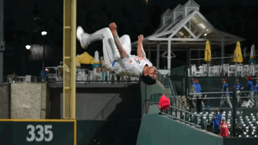 A screenshot of D-backs prospect Alfred Morillo in mid-backflip