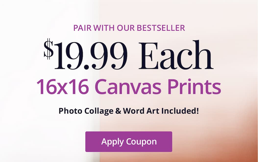 Pair it with our bestseller! 16x16 Canvas Prints for $19.99 each! Photo Collage and Word Art included! Apply Coupon