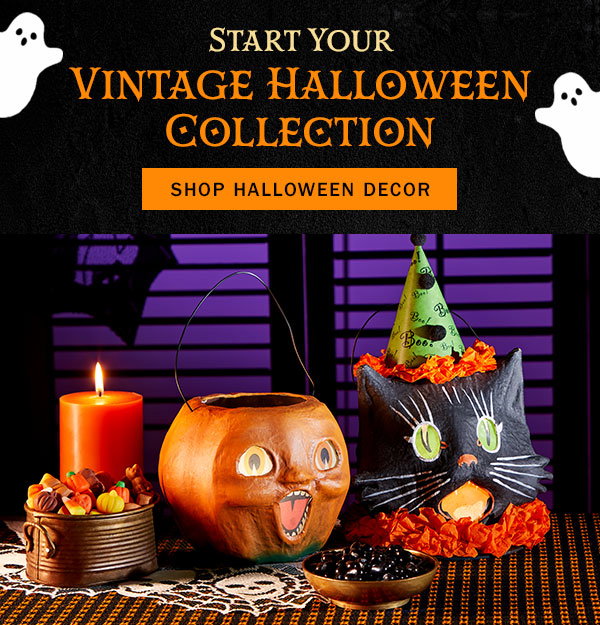 Start Your Vintage Halloween Collection. Shop Halloween Decor. Jack-o'-Lantern Papier-Mache Halloween Bucket, Black Cat Papier-Mache Halloween Bucket 