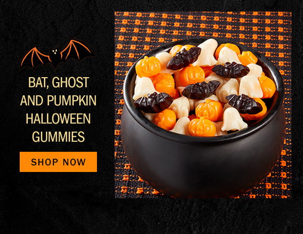 Bat, Ghost and Pumpkin Halloween Gummies. Shop Now