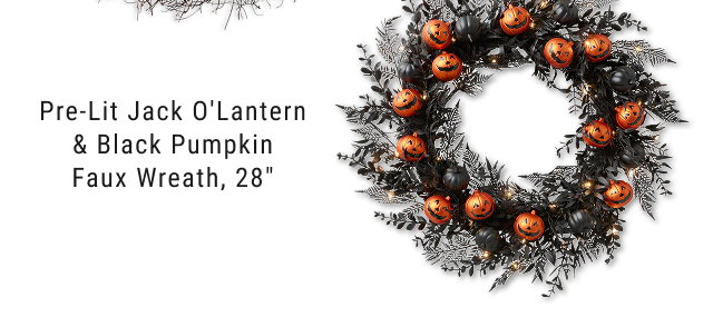Pre-Lit Jack O'Lantern & Black Pumpkin Faux Wreath, 28”