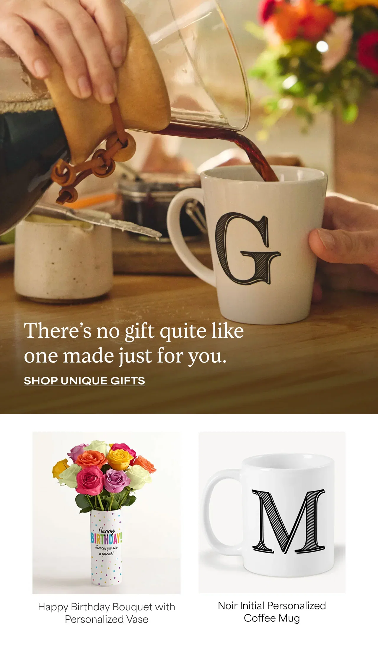 There's no gift quite like one made just for you. | Happy Birthday Bouquet with Personalized Vase | Noir Initial Personalized Coffee Mug