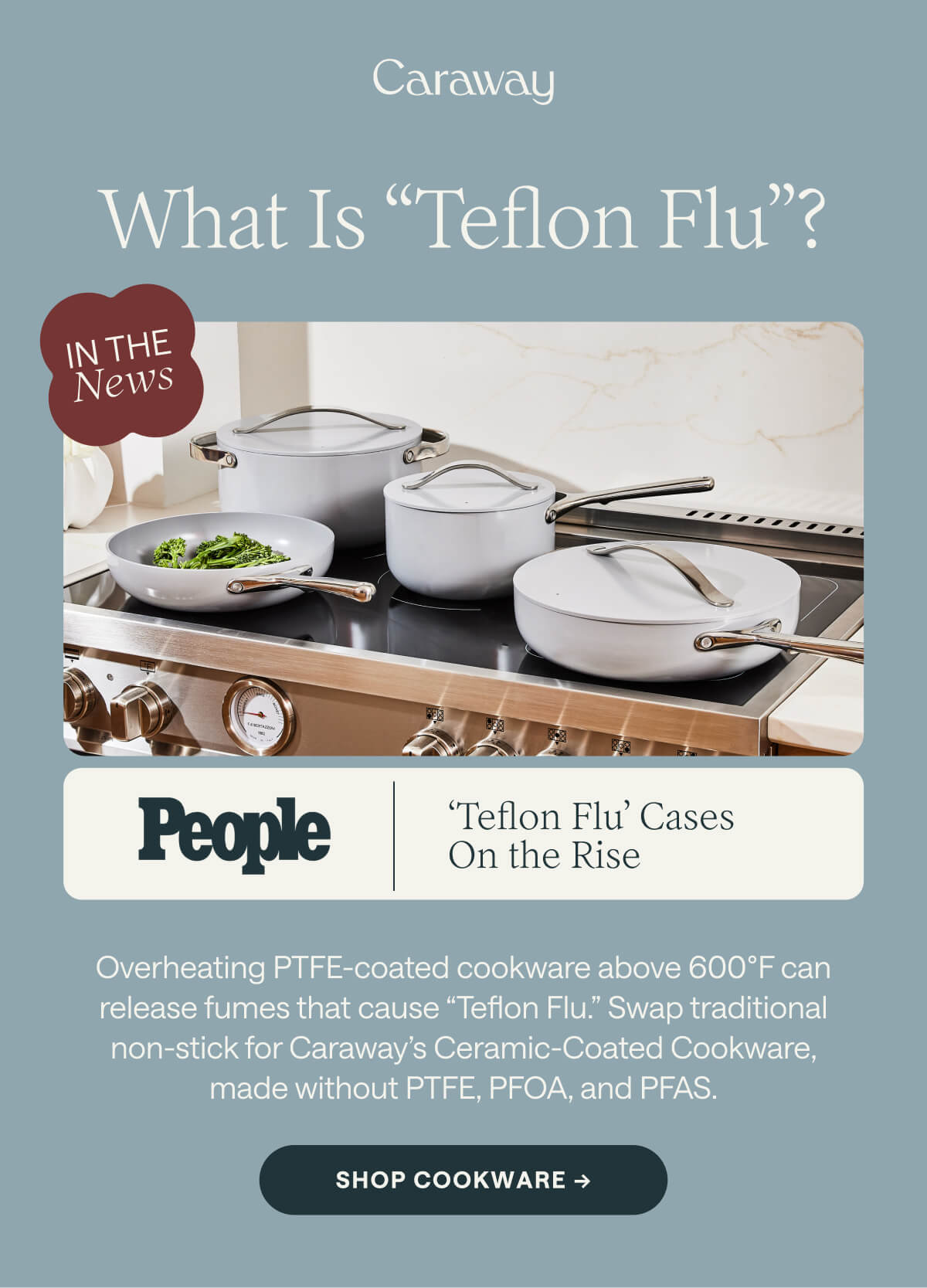 What Is “Teflon Flu”? Overheating PTFE-coated cookware above 600°F can release fumes that cause “Teflon Flu.” Swap traditional non-stick for Caraway’s Ceramic-Coated Cookware, made without PTFE, PFOA, and PFAS. Shop Cookware ->