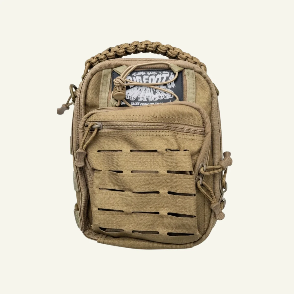 Bigfoot Attacks! Field Bag in tan — crossbody tactical bag with Bigfoot Attacks! patch