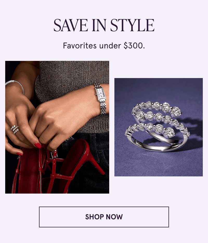 Model wearing a watch and a multi diamond ring next to close up of the same ring. Favorites under $300. Click to shop now