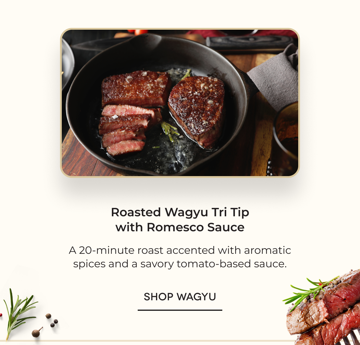 Roasted Wagyu Tri Tip with Romesco Sauce A 20-minute roast accented with aromatic spices and a savory tomato-based sauce. SHOP WAGYU