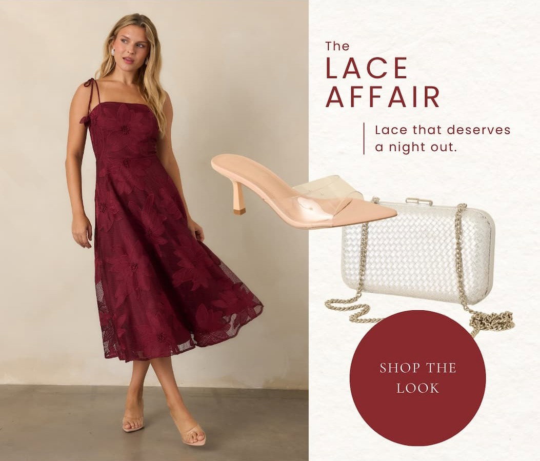 'The lace affair. Shop the look.' Woman wearing a Burgundy Floral Lace Tie Strap Midi Dress. 