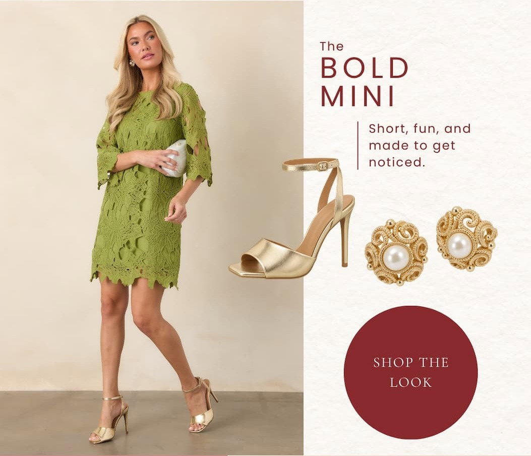'The Bold Mini. Shop the Look.' Woman wearing a Green Openwork Lace Mini Dress.